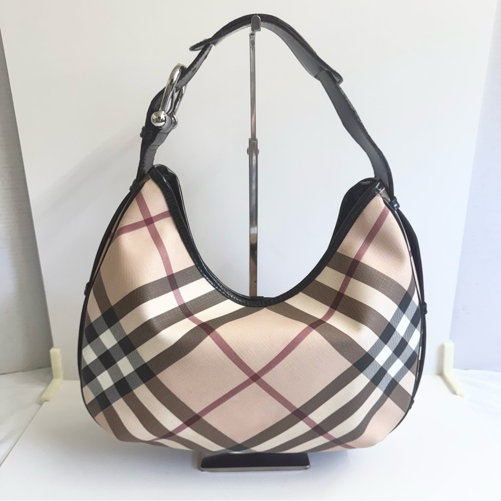 Burberry Black and Cream Checkered Hobo Bag